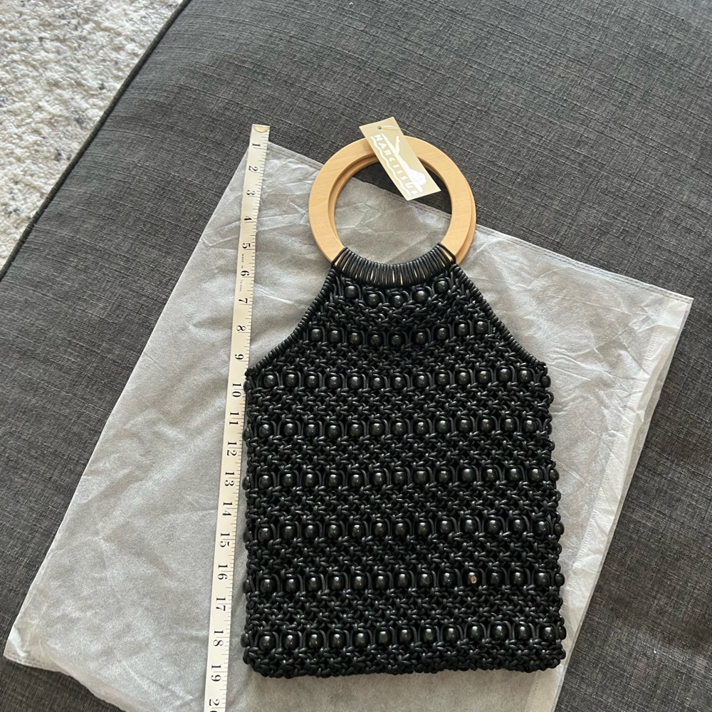 Black Beaded Handbag with Wooden Handles